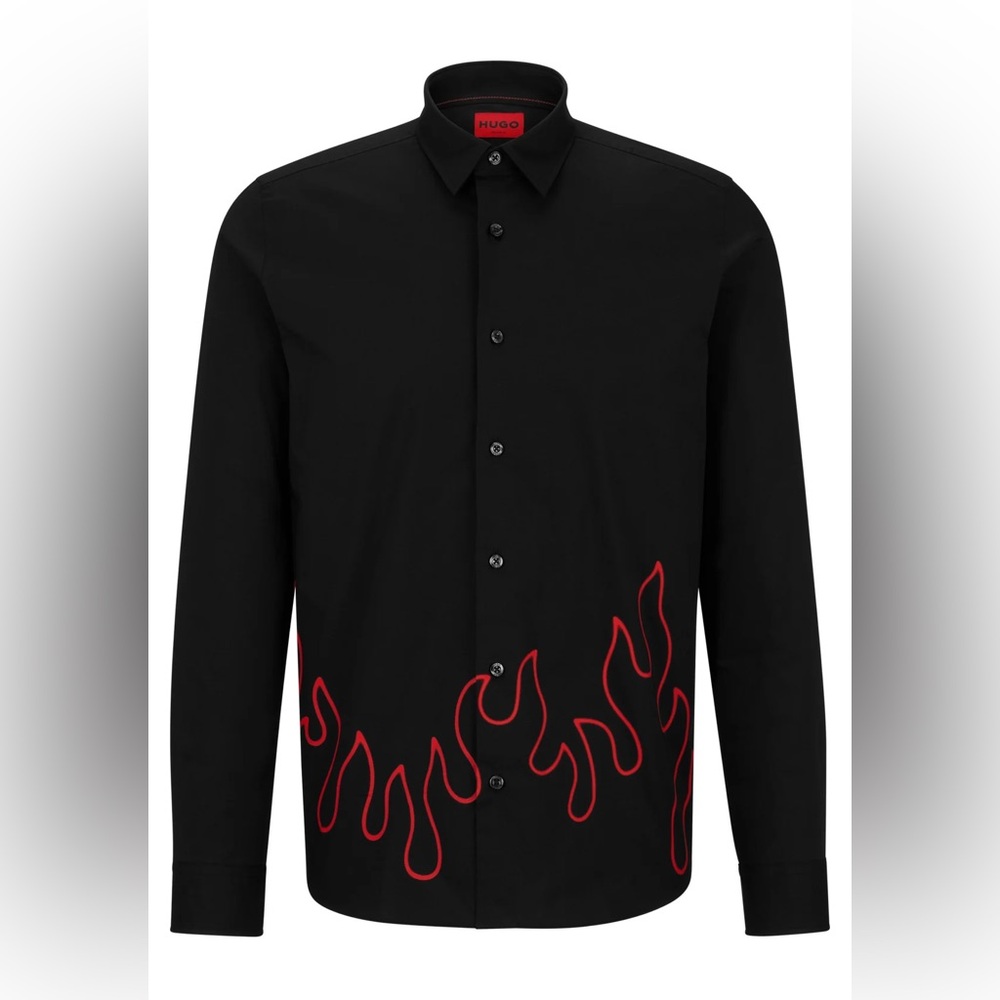 HUGO Black Shirt with Red Flame Pattern